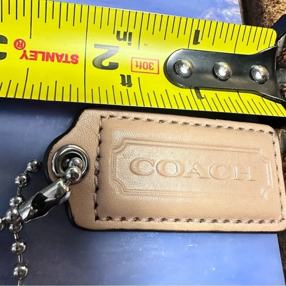 Coach Beige Leather Key Holder Logo Key Fob Keychain Silver Ball Chain Purse Tag